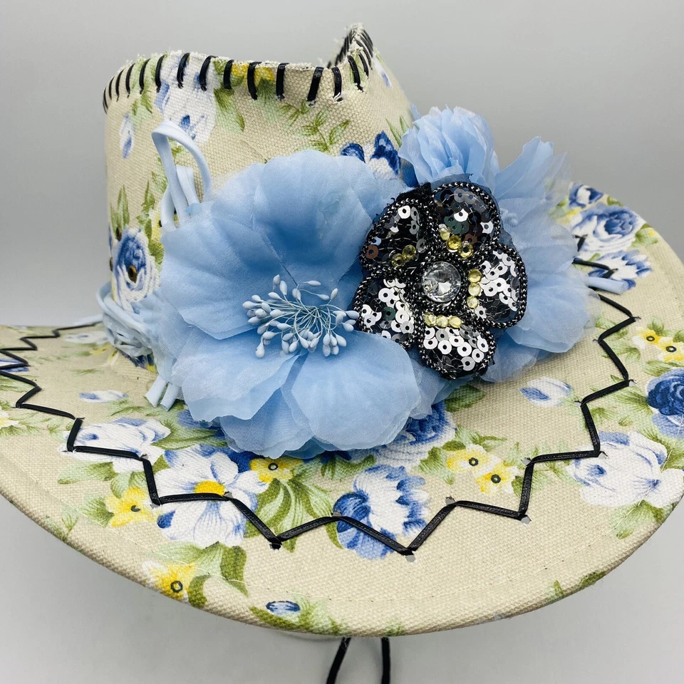 Único sombrero de vaquera azul amarillo floral lentejuelas Foto 2 de 4