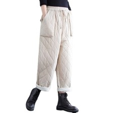 Women Puffer Trousers Warm Pants Padded Quilted Loose Fit Elastic Waist Winter
