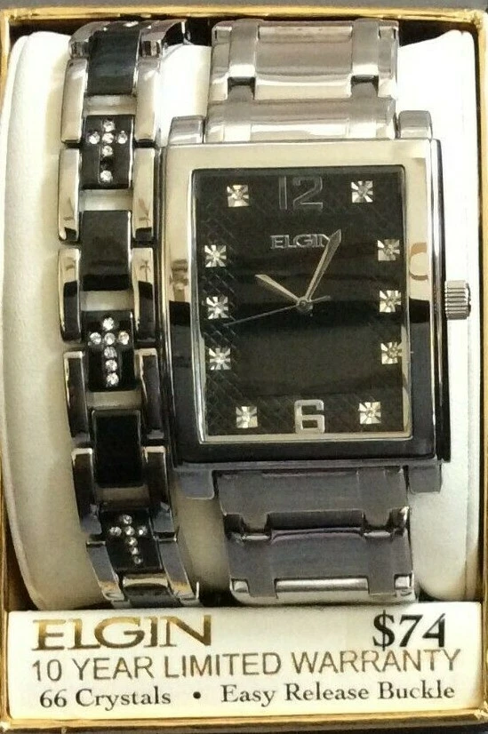 Elgin Men s Watch Black Dial Silver Linked Band with Crystal Cross