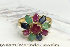 14k Solid Yellow Gold Flower Ring Natural Mix Stones Sz 8.5. 2.85Grams