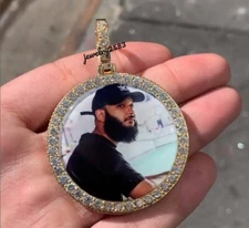 Real Moissanite Men's Solid Back Circle Picture Memory Pendant 925 Silver GIFT