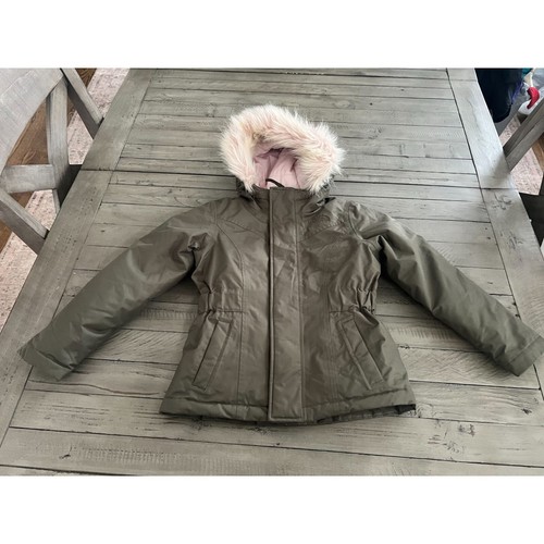 The North Face Girls Greenland Down Parka Jacket Green Pink Faux Fur