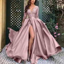 Sexy Women Deep V Long Sleeve Evening Cocktail Dress Ball Gown Party Big Tail