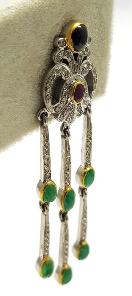 Echter Smaragd Rubin Saphir Edelstein 925 Sterlingsilber Pavé Diamant Ohrring - Bild 3 von 4