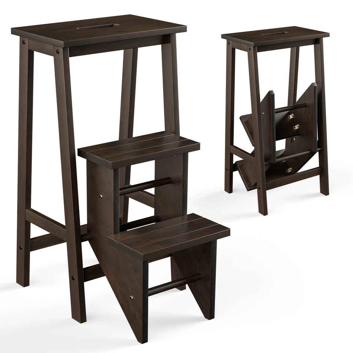Costway 3 in 1 Rubber Wood Ladder Storage Shelf Folding 3 Tier