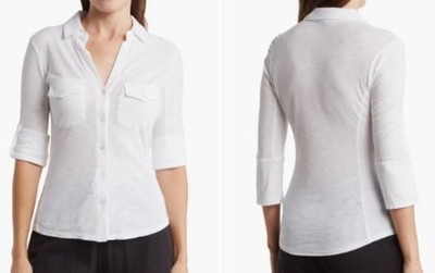 James Perse Women's Shirt Roll Tab Collared V-Neck White Sheer Size 3 Large NWT
