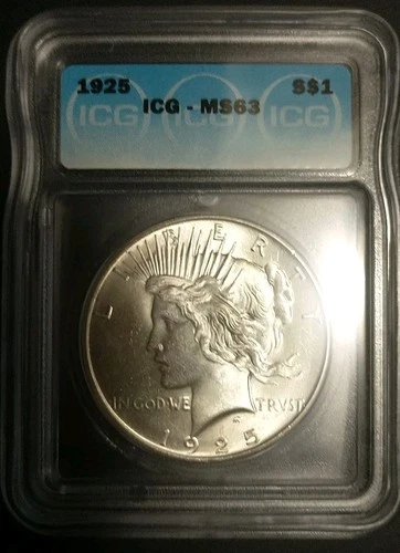 1925 -P $1 Peace Silver Dollar MS63 ICG. Very Nice Coin.KM#150.