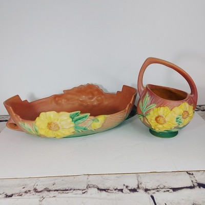 Roseville Peony Console Bowl and Basket Planter Pink Set of 2 VTG