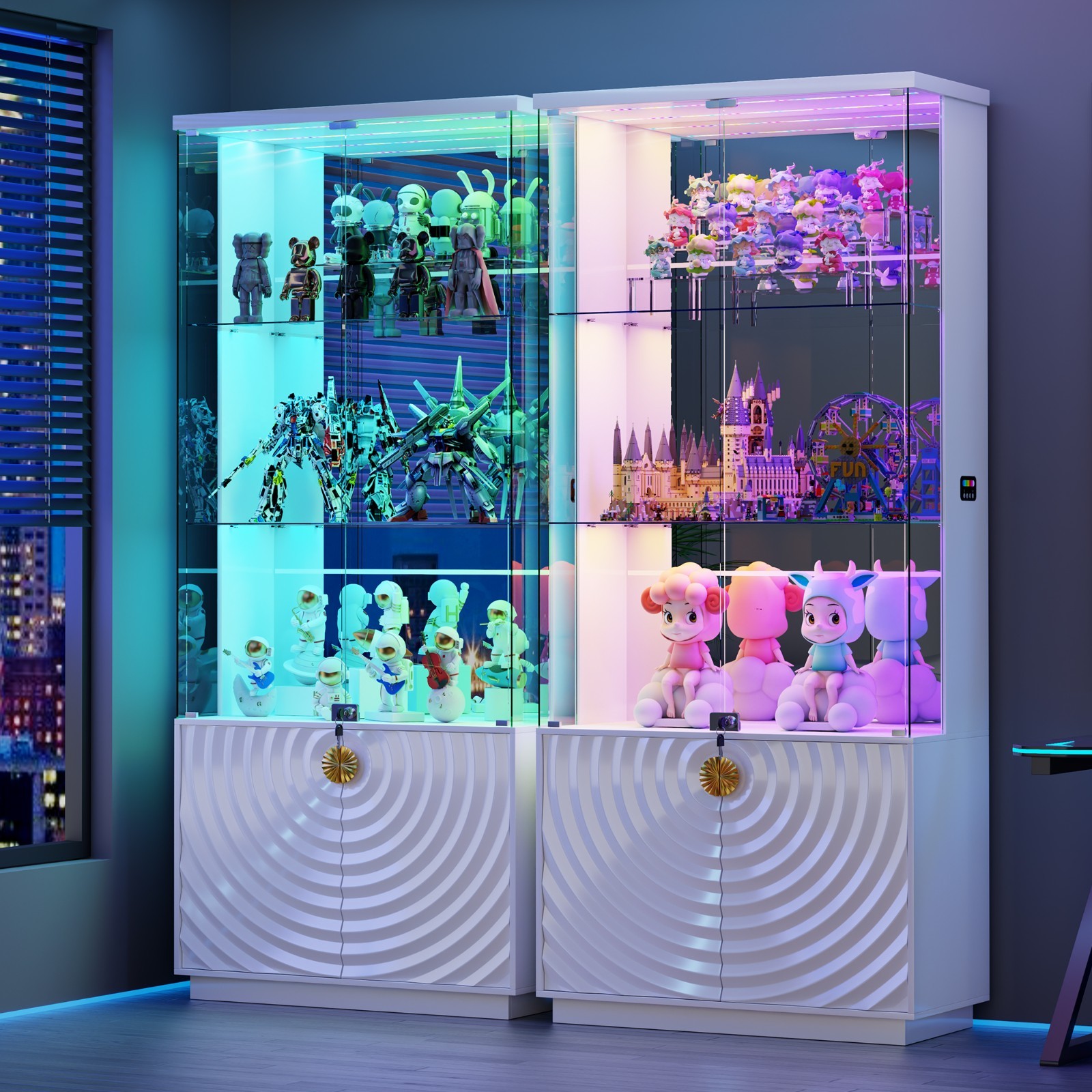 Gurexl 71" Display Cabinet with Glass Doors, Curio Cabinet Dynamic RGB Lights