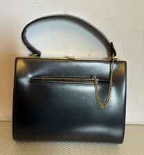 50s Vintage Bienen Davis Leather Black Handbag with Card Case on Goldtone Chain