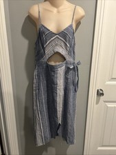 Express Stripe Lino Cotton Dress Size 12 Beach Casual Dress Blue White