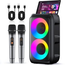 Portable Karaoke Machine with 2 Wireless Mics, Bluetooth Speaker, LED Light, 10H