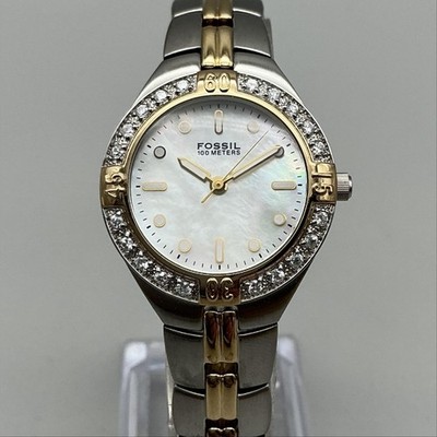 Fossil Blue Womens Watch 29mm MOP Crystals Two Tone Stainless New Battery 7''