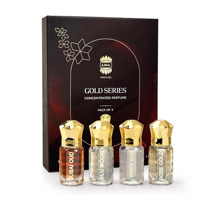 Ajmal Gold Series Attar Gift Set 4x5ml Dubai Oud Blu Moon White Oud Rose Gold