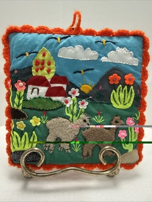 Peruvian Arpillera Textile Folk Art Embroidered Applique 3D Tapestry 6.5x6.5 