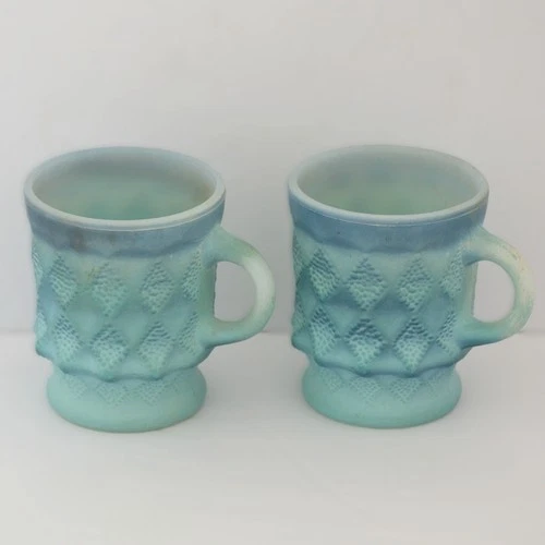 Anchor Hocking Fire King Kimberly Mugs Blue Diamond Pattern Vintage Set of 2