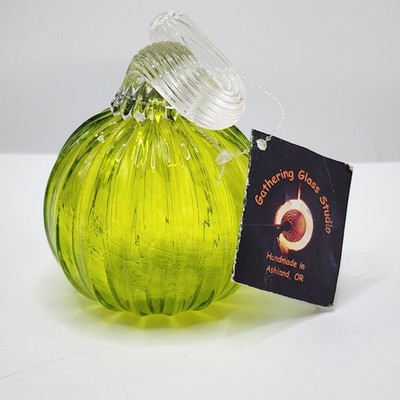 Gathering Glass Studio Pumpkin Lime Green Hand Blown Art Glass Clear Ribbed Stem