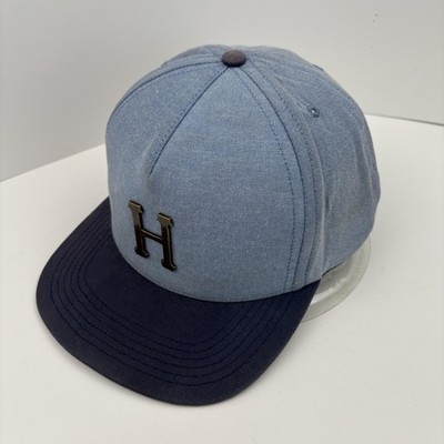 HUF Hat Cap Snap Back Light Blue Navy Chambray Embroidered H Logo Mens Made USA