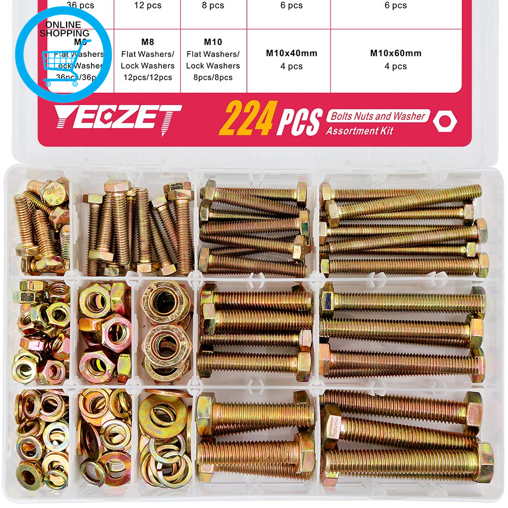 224PCS Grade 8.8 M6 M8 M10 Heavy Duty Bolts and Nuts Assortment Kit Includes 8 M