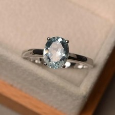 Natural aquamarine ring oval cut solitaire solid silver 925 ring March birthston