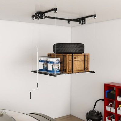 Flaschenzug Hängeregal Garage Kurbelsystem 120x120cm Stahl 113kg schwarz 3-3,6m
