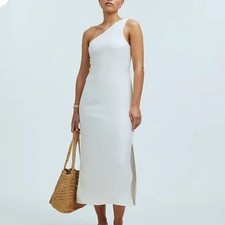 Madewell Dress One Shoulder Linen Blend Midi Size 2 New White Travel Beachy
