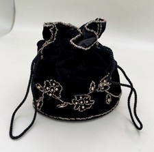 Black Velvet Beaded Drawstring Reticule Purse Victorian Style Bag Gothic Opera