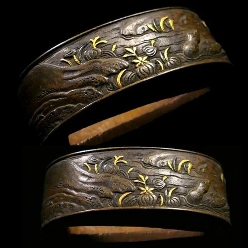 Edo shakudo signed by Bishokyu FUCHI Sword Fittings Flower Bird Japan antique
