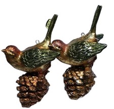 Christmas Gold, Green Birds Sitting On Pinecone Ornament Made Philippines Set 2