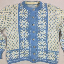 Vintage Nordic Fair Isle Sweater Cardigan M/L Blue Cream Snowflake Knit Buttons