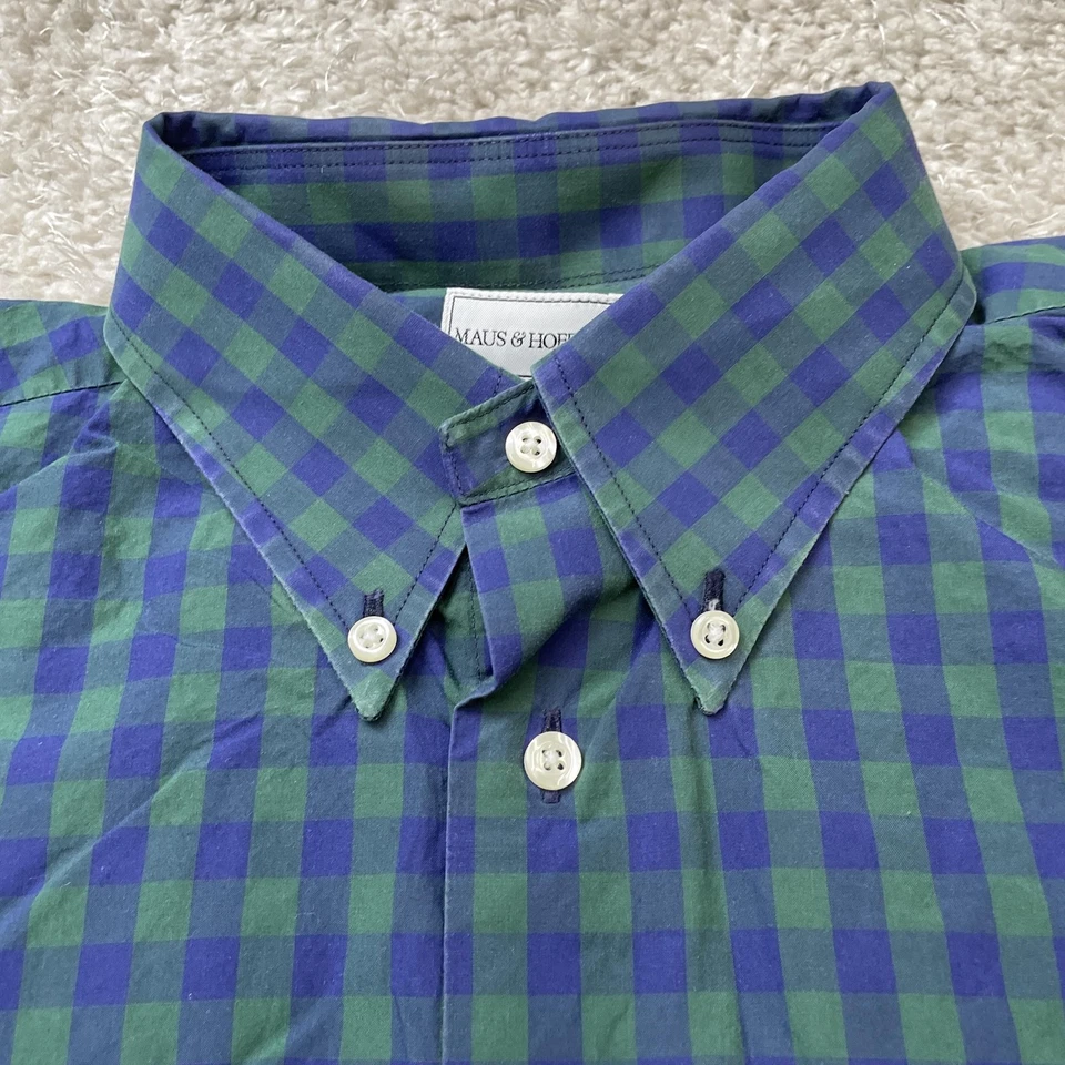 Maus & Hoffman Shirt Mens Large Blue Green Plaid Button Down Egyptian Cotton - Image 4 of 4