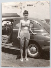 1950s Black  White Photo Of A Lady In A Bikini In Front Of A Car Myrtle Beach