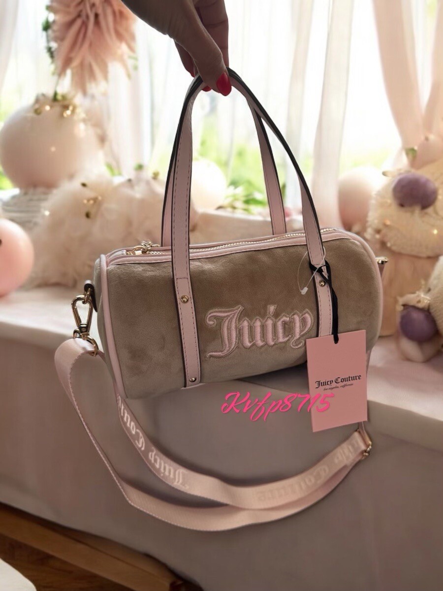 Juicy Couture Cafe / Powder Blush Velour Barrel Crossbody Bag Cute