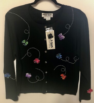 Jack B Quick Women s Sweater Medium Black Butterflies Beaded Embroidered NWT