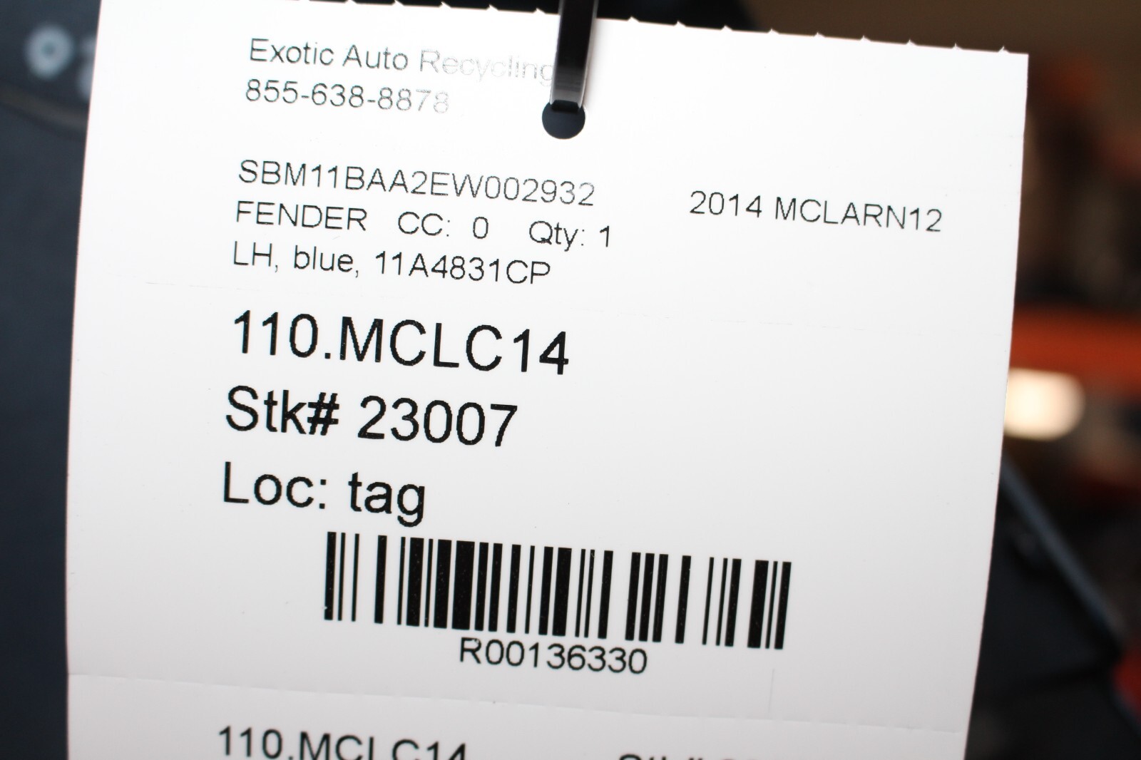 Mclaren MP4-12C, LH, Left, Fender, Blue, Used, P/N 11A4831CP