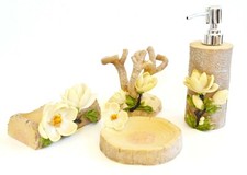 4 PC SET 3D MAGNOLIA,BLOSSOM FLOWER TAN SOAP DISPENSER,DISH,TUMBLER TRAY,TOOTHBR