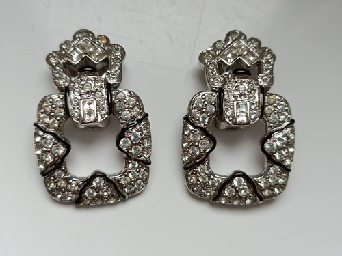 Boucles D'oreilles Clips Vintage – Argenté, émail Noir Et Strass – Très Bon état