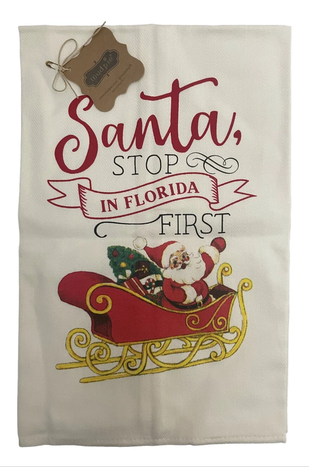 Toalha de Cozinha de Natal Vintage por State From Mud Pie 28" X 21" Algodão NOVO Papai Noel - Imagem 4 de 4