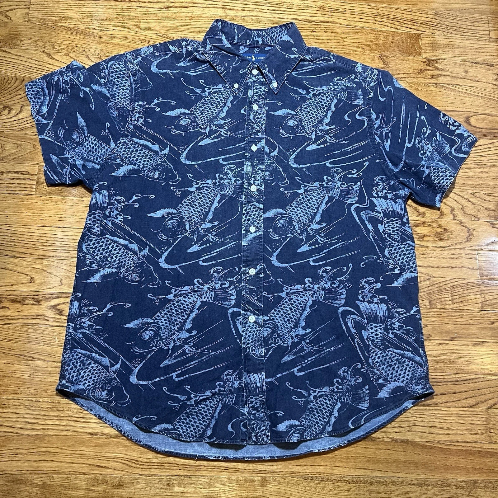 Ralph Lauren Shirt Mens XXL 2XL Blue Fish Outdoor Button Down Beach Slim Fit Top