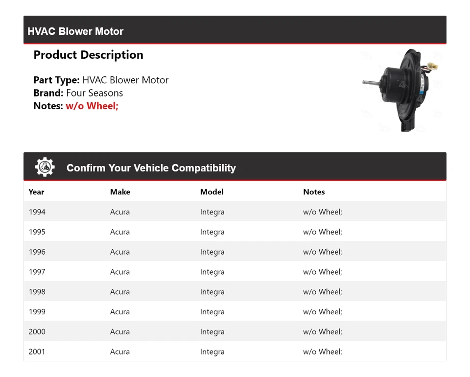 Motor soplador de climatización Acura Integra 1994-2001 4 estaciones 1995 1996 1997 1998 1999 Foto 2 de 4