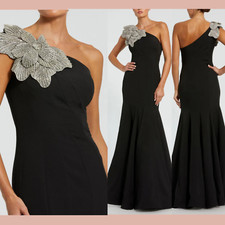 NWT MAC DUGGAL 6 11810 Crepe One Shoulder Gown With Flower Black J1564