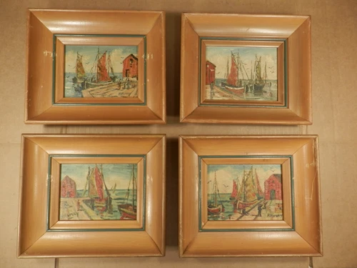 4 Impressionistic Harbor Scene Oil Paintings Woodstock Workshop Artist H. Harvey