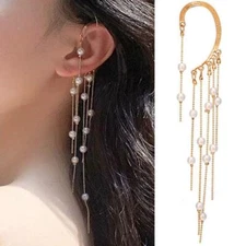 1/2pcs Women Charm Chain Bead Tassel Dangle Ear Cuff Wrap Non Ear Piercing Drop