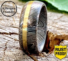 Damascus Steel Custom Handmade Mens Engagement Ring Wedding Band Brass Inlay