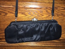 FRANCHI Elegant Black Satin Evening BAG CLUTCH PURSE, Rhinestone Crystals Clasp