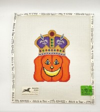 Hand Painted Needlepoint Canvas Crowned Pumpkin Halloween Painted Pony