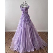 Lowime Beautiful Prom 3D Flower A-line Tulle Evening Dress Purple Prom Dress