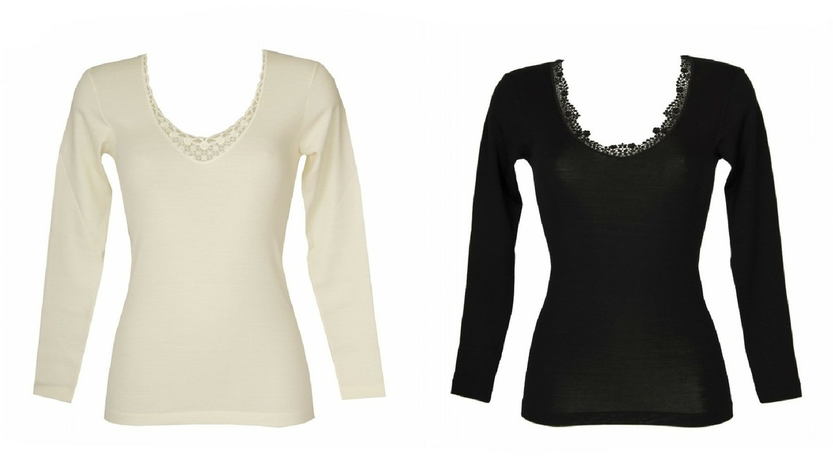 Camiseta de mujer de manga larga con encaje 85% lana merino y 15% seda RAGNO art