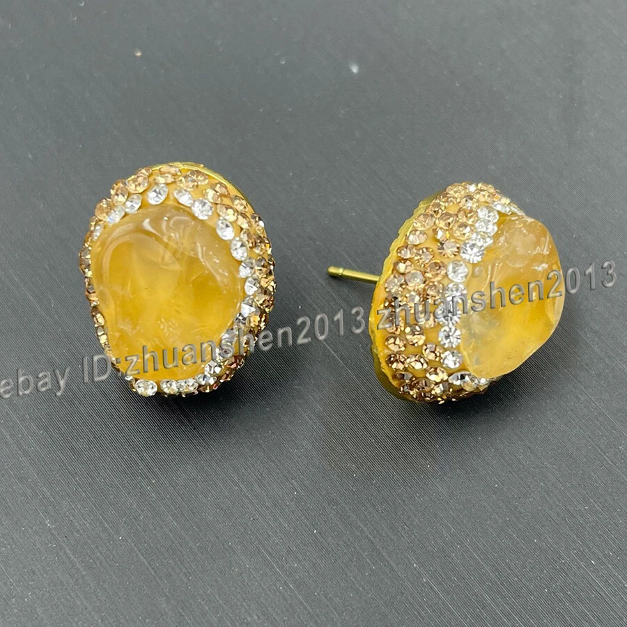 Natural Topaz Raw Gemstone  Inlay Gold Stud Earrings Ring Pendant Necklace Set  - Image 2 of 4