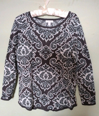Charter Club SOFT Stretch Floral Pullover Sweater Size L Gray Lt Blue White #BKB